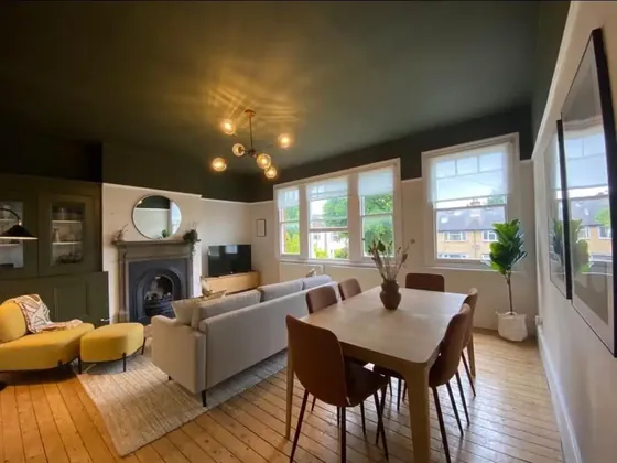 Open plan lounge and dining room with a dark green ceiling and pale walls