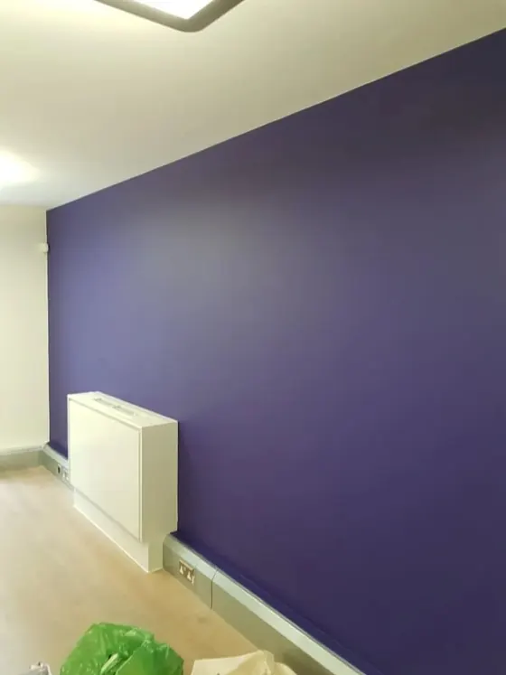 Deep purple feature wall beside a white radiator